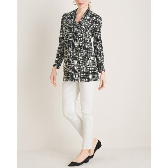 Chico's Criss-Cross Print Tunic Top Size Large /2 Black White Pima Cotton V-Neck - Picture 7 of 7